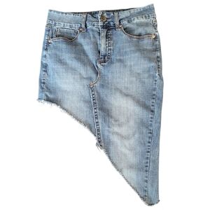 Upcycled Blue Jean Denim Asymmetrical Frayed Hem Mini Skirt Waist 31 Wmn 12